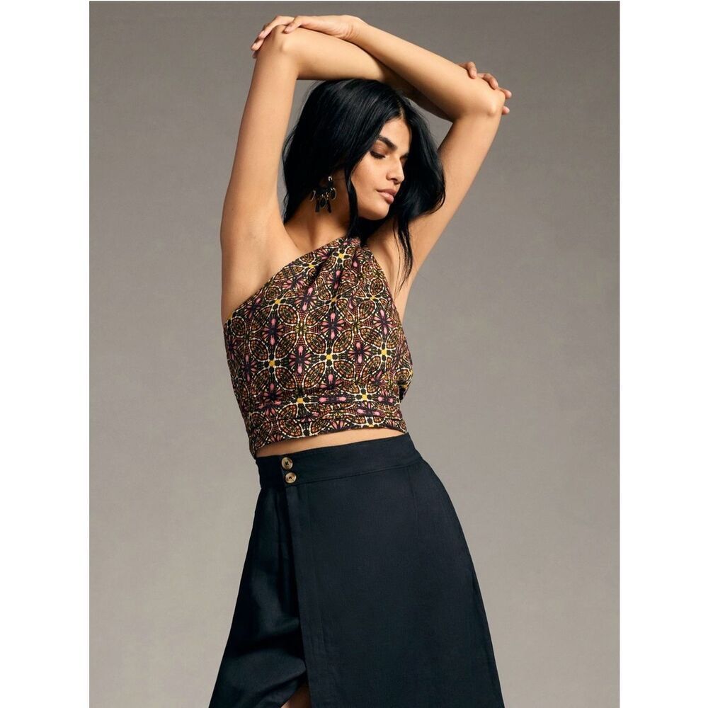 NWT Anthropologie One-Shoulder Linen Top Orange Pattern Size Small
